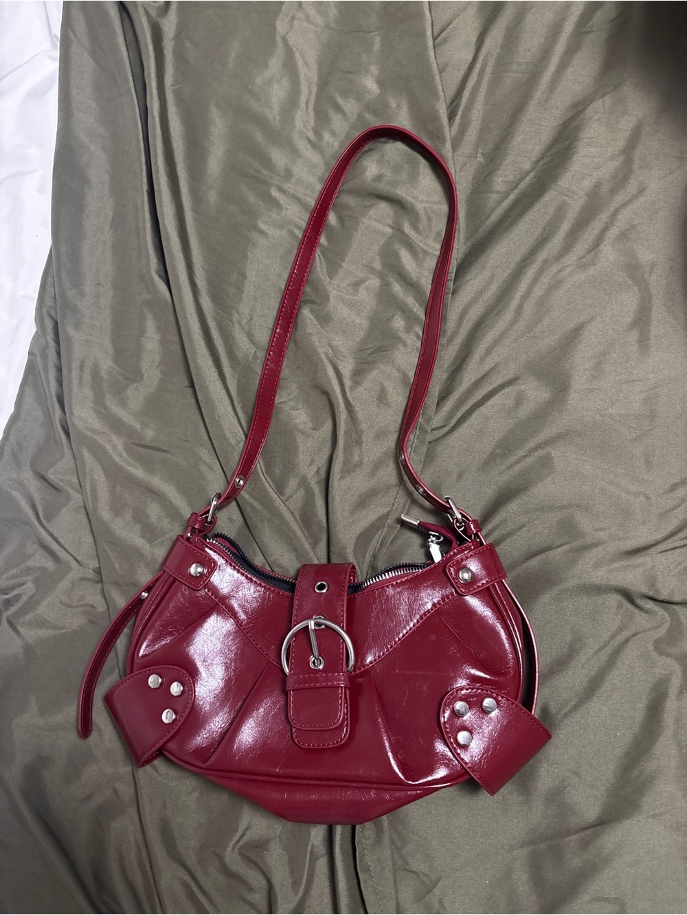 SHEIN Burgundy Patent Shoulder Bag with Buckle Detail